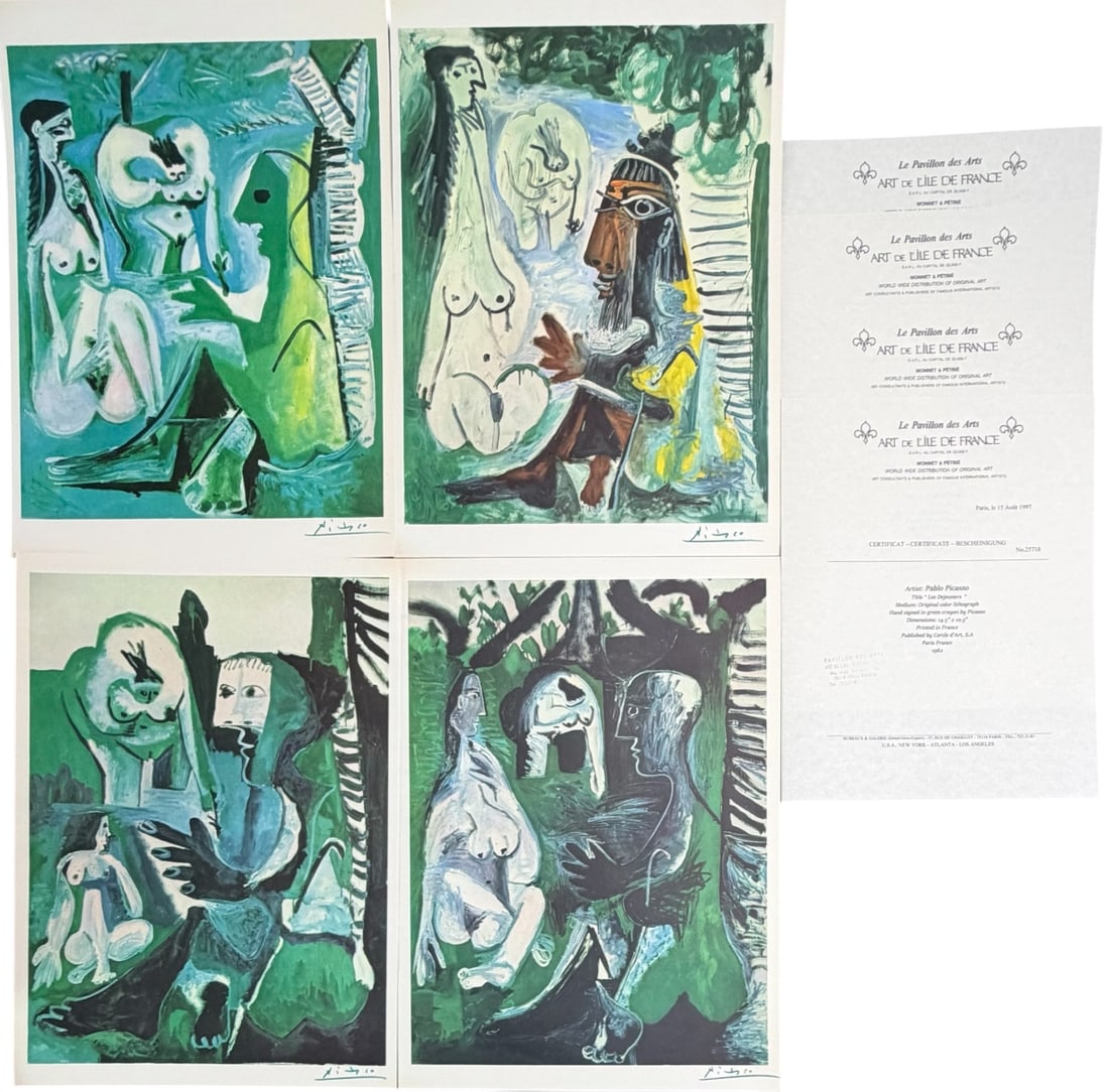 4pc Pablo Picasso Lithographs "Les Dejeuners": 4 Pieces by Pablo Picasso, original color lithographs from "Les Dejeuners". Certificate of Authenticity. Each are part of a series of reinterpretations by Picasso of Edouard Manet's famous painting "L