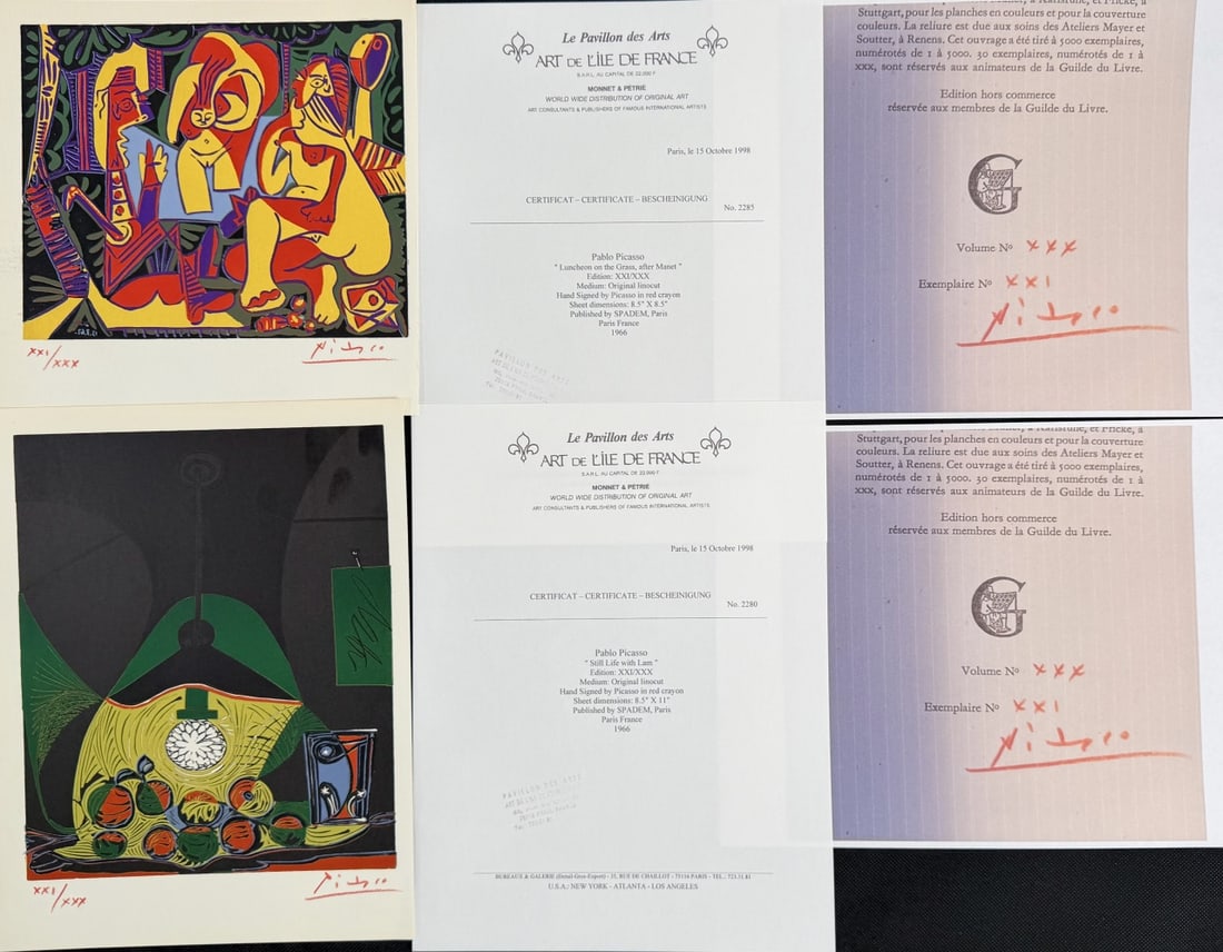 2pc Pablo Picasso Original Linocuts: 2 Pieces by Pablo Picasso original linocuts, Certificate of Authenticity, (1) titled "Still Life with Lam", original linocut. Edition XXI/XXX in red crayon, signed in red crayon, Published by SPADEM,