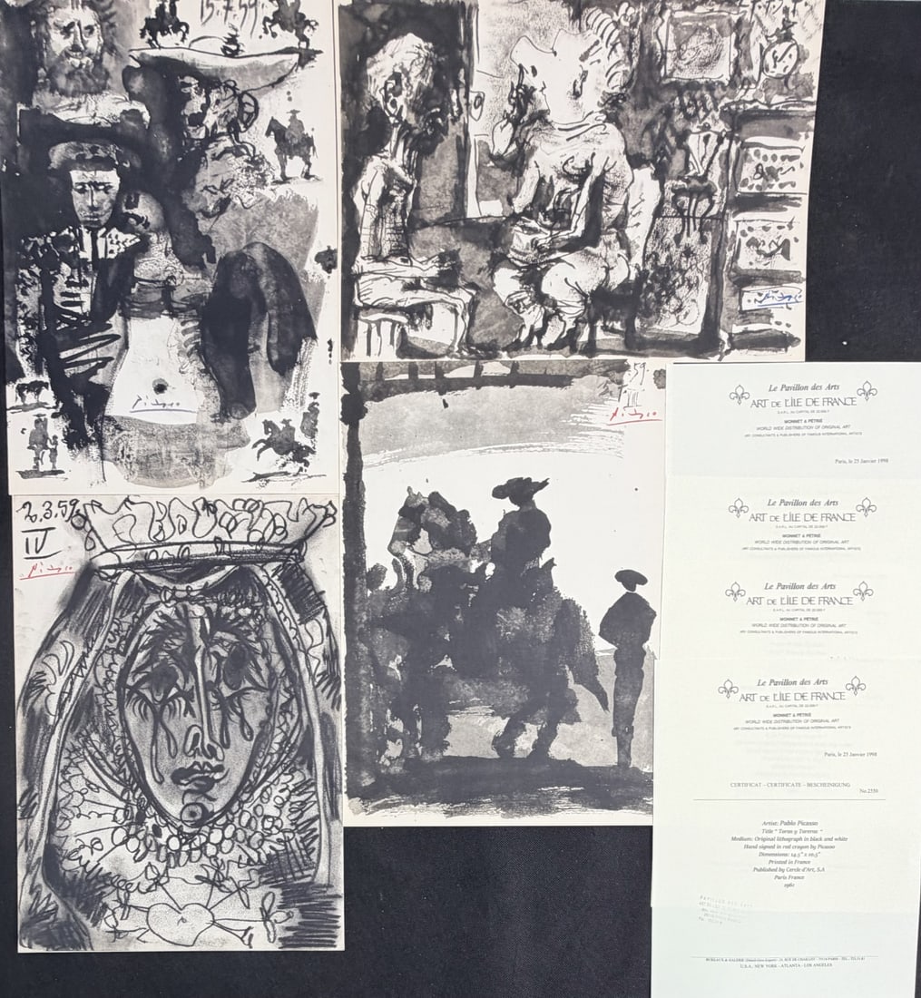 4pc Pablo Picasso Lithographs "Toros y Toreros: 4 Pieces by Pablo Picasso, original lithographs in black and white, from the Toros y Toreros series. Certificate of Authenticity. (1) titled "Picadors and Matadors", also appears as plate number 3 in