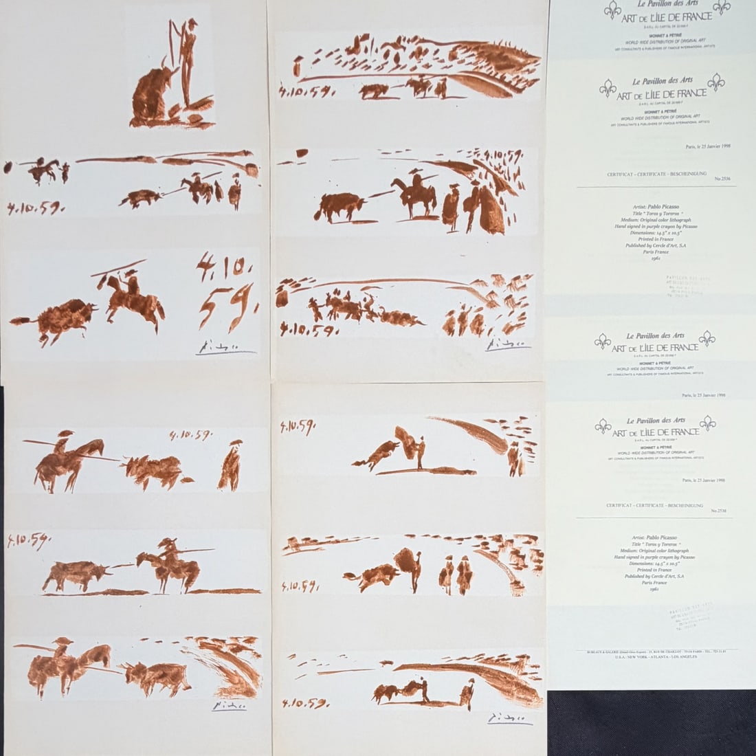 4pc Pablo Picasso Original Color Lithographs: 4 Pieces by Pablo Picasso, original color lithographs from the "Toros y Toreros" series. Certificate of Authenticity. Published by Cercle d'Art SA, Paris France 1961, each measure 14.5" x 10.5". Excel