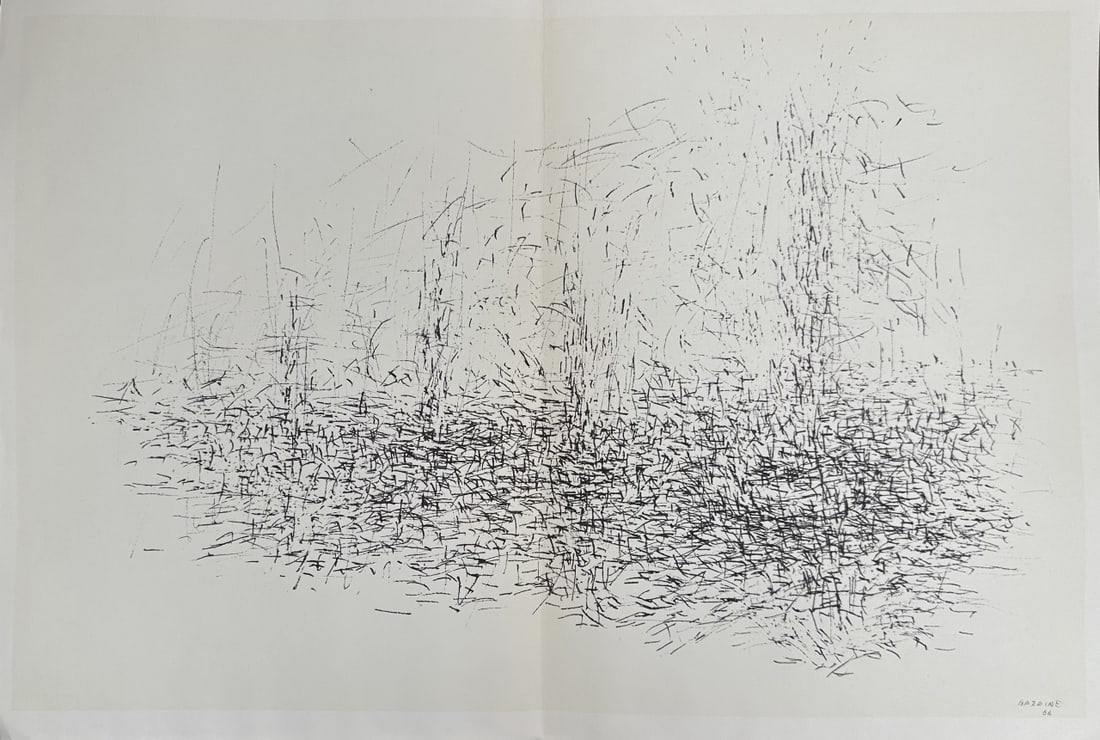 Jean Rene Bazaine (1904-2001) "Black & White": Jean Rene Bazaine (French, 1904-2001) "Black & White" two sided lithograph, created for art magazine Derriere Le Miroir in 1956. Features dense, scribbled lines in black ink on white background,