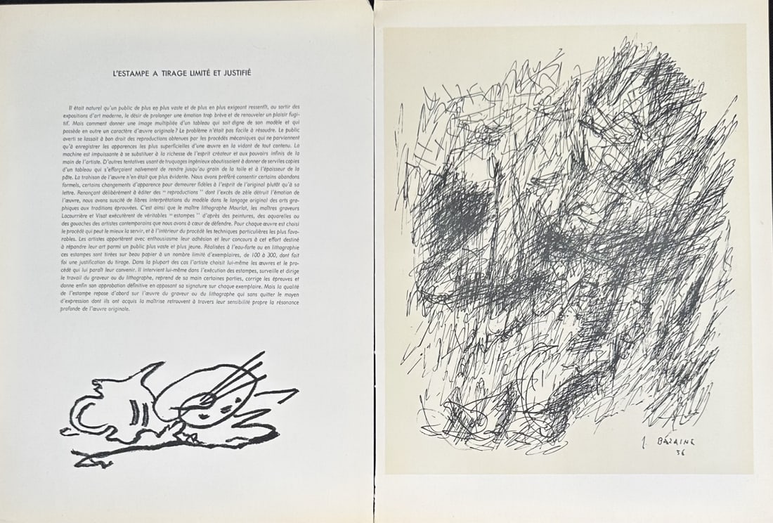 2pc Bazaine Original Litho Derriere le Miroir: 2 Pieces two sided by Bazaine, original lithograph. Maeght Editeur 1956. From Derriere le Miroir, Paris France. Excellent condition, minor tear in upper right cover of Estampes A Tirage Limite et
