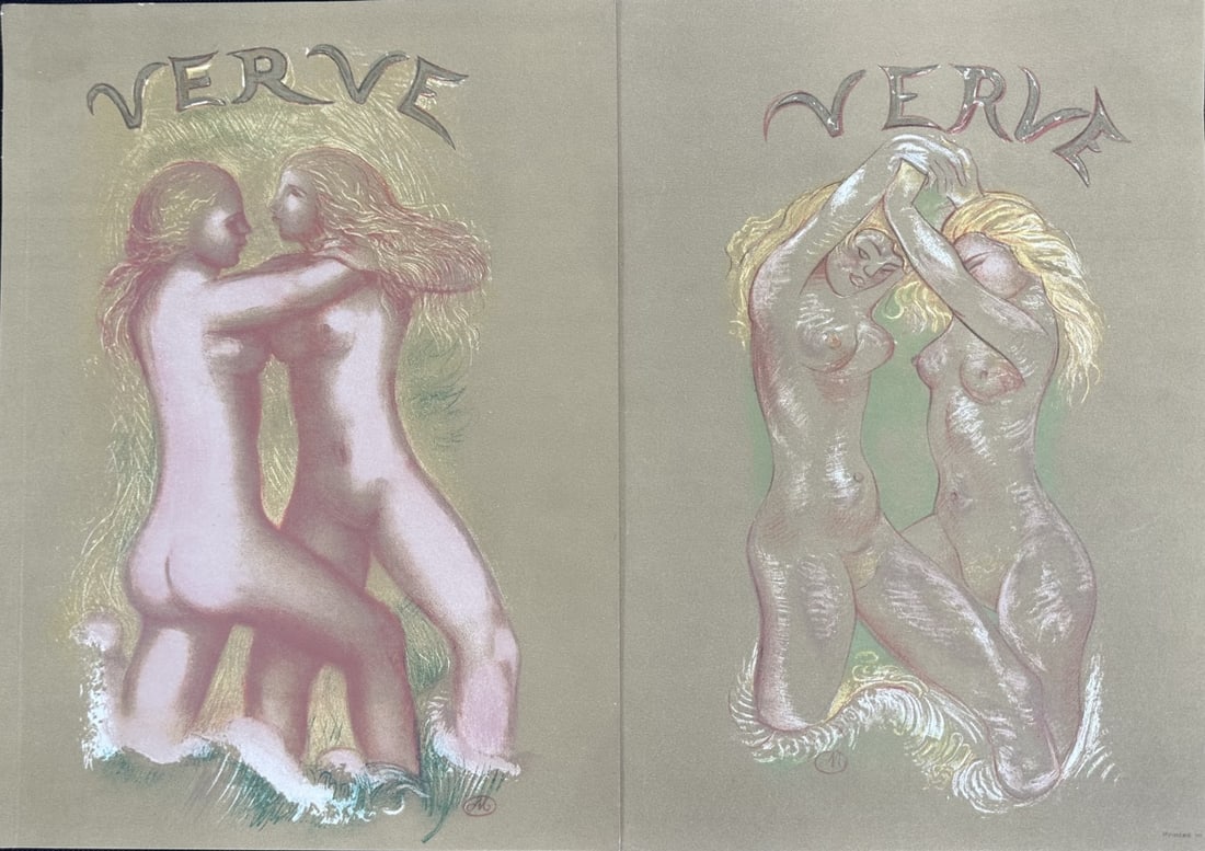 2pc Aristides Maillol Original Lithographs "Verve": 2 Pieces by Aristides Maillol original lithographs, titled "Verve" at top. Printed in France lower right. On very heavy paper. Each has M in circle mark. One on left looks to be from a book cover as