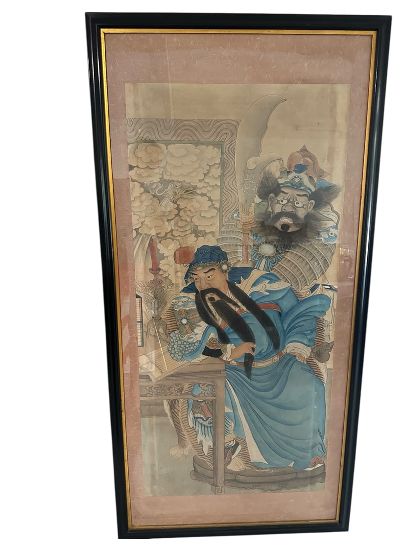 Ink Shading on Rice Paper Chinese "Guo Hua": Ink Shading on rice paper, Chinese "Guo Hua" or national painting, depicting Guan You, a god of war with an attendant. Qing Dynasty. Excellent condition, behind very reflective glass. Art measures