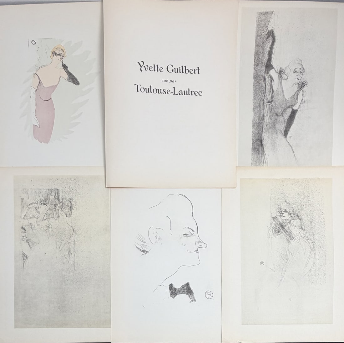 6pc Yvette Guilbert vue par Toulouse-Lautrec: 6 Pieces by Henri de Toulouse-Lautrec, includes portfolio cover, original lithographs, (1) titled "Yvette Guilbert, in Colombine a Pierrot", original created in 1894, depicts the popular Parisian