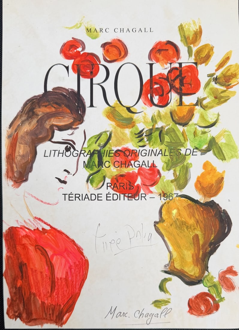 Marc Chagall Cover of 1967 art book "Cirque": Marc Chagall attributed painting on cover from 1967 art book "Cirque". Signed at bottom. On verso Editions Verve - 1967 Printed in France. See photos for additional verbiage. Very good condition,