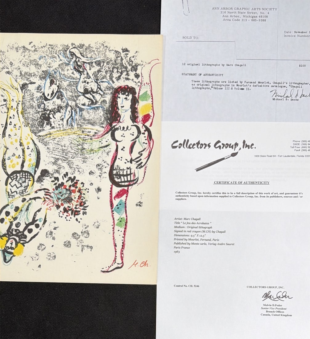 Marc Chagall "Le Jeu des Acrobates" Orig Litho: Marc Chagall original lithograph. Titled "Le Jeu de Acrobat's". Signed in red crayon upper right. Certificate of Authenticity. Statement of Authenticity. Lithograph listed by Fernand Mourlot, Chagall'