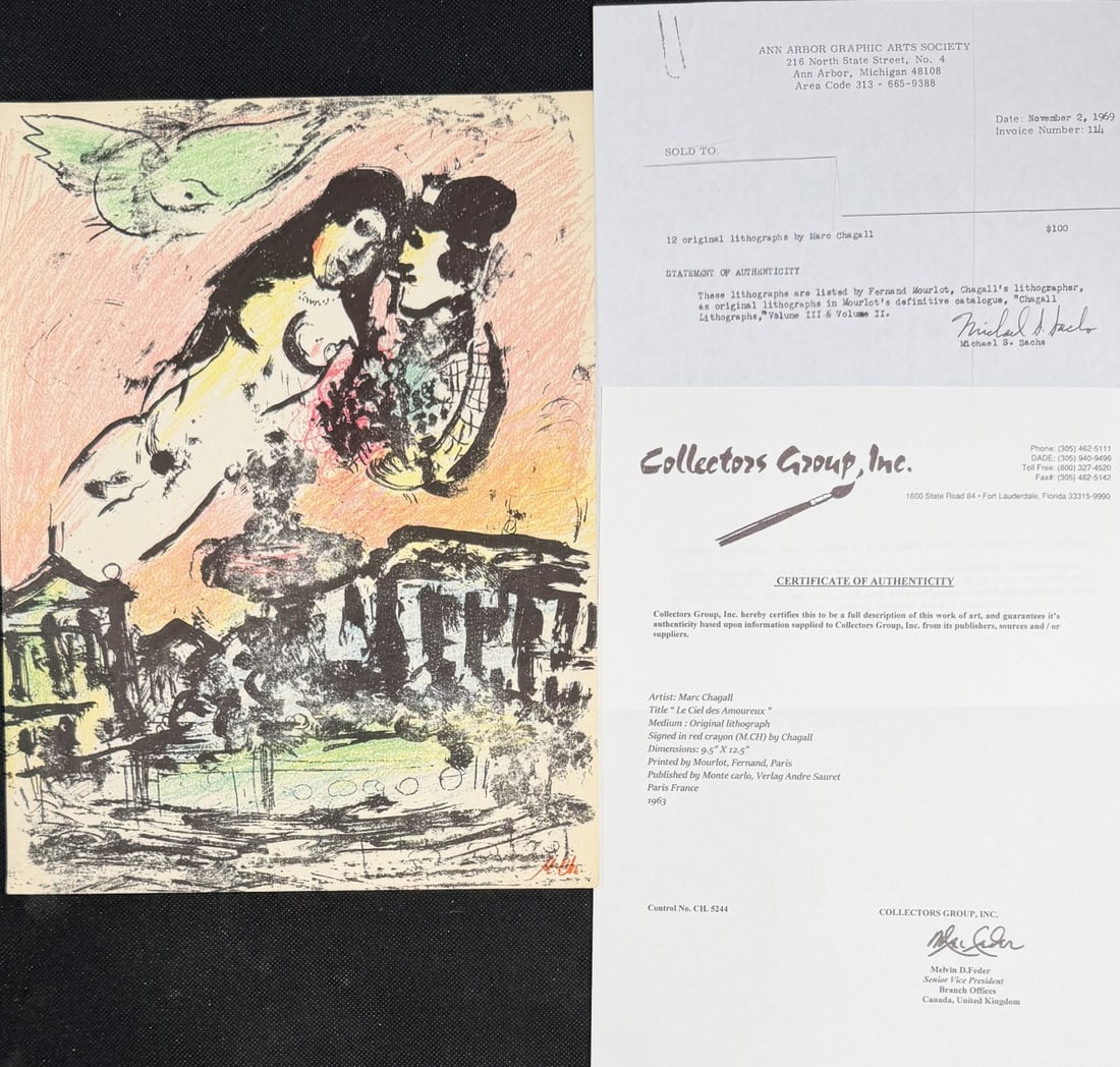 Marc Chagall "Le Ciel de Amoureux" Lithograph: Marc Chagall original lithograph. Titled "Le Ciel de Amoureux". Signed in red crayon lower right. Certificate of Authenticity. Statement of Authenticity. Lithograph listed by Fernand Mourlot, Chagall'