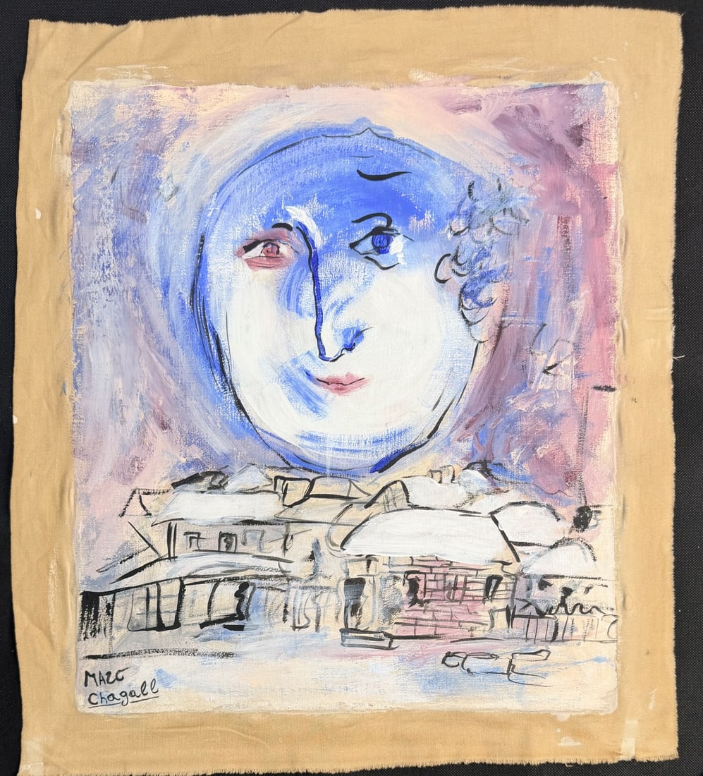 After Marc Chagall Oil On Canvas "Moon Face": After Marc Chagall oil on canvas, titled "Moon Face". Signed lower left. Excellent condition. Art measures 15" x 17.75", canvas measures 18.5" x 21".