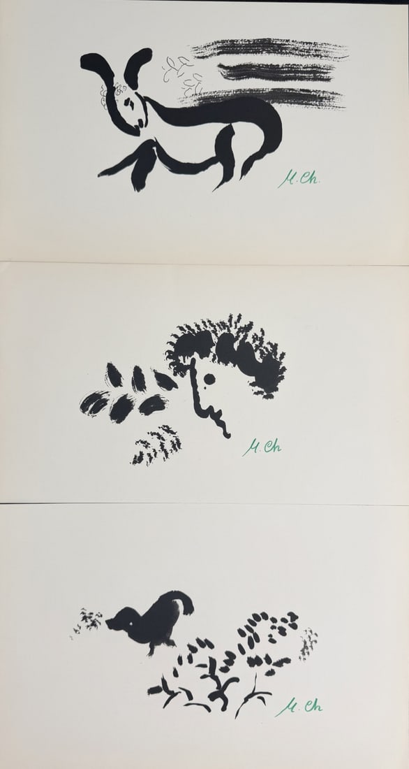 3pc Marc Chagall Lithographs Signed: 3 Pieces by Marc Chagall, signed in green crayon lower right. From Derriere le Mirroir No. 147: Dessins et Lavis, published by Maeght Editor in 1964. Each are two sides with verbiage on verso.