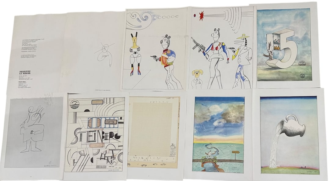 9pc Saul Steinberg Derriere le Miroir Lithographs: 9 Pieces by Saul Steinberg (Romania 1914 - 1999), from Derriere le Miroir original unbound pages, lithographs, 2 sided. Each dated with copyright in stone. Titles include (1) "Bleeker Street", copyrig
