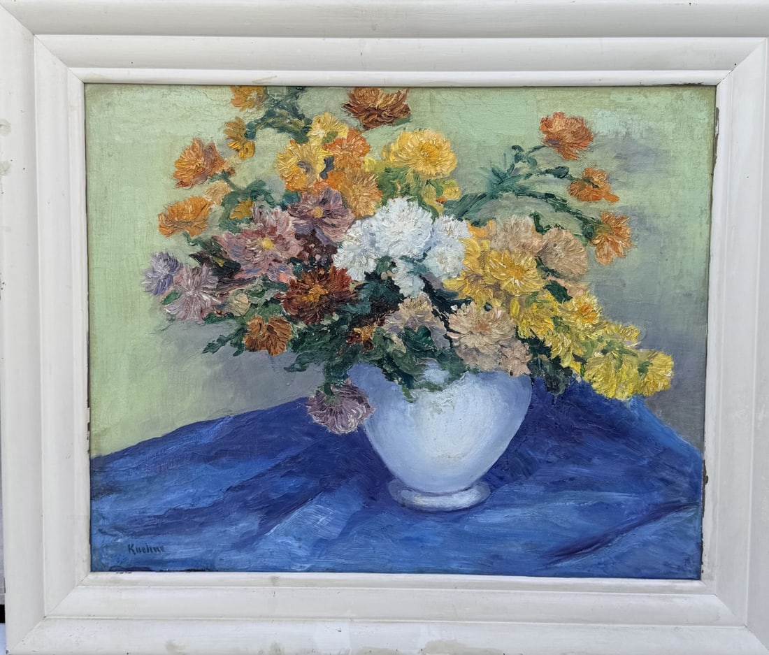 Max Kuehne Original Oil on Canvas Floral Still: Max Kuehne (German - born American 1880-1968) original oil on canvas floral still life of chrysanthemums and other flowers in a white vase. Kuehne was known for his vibrant landscapes and decorative a