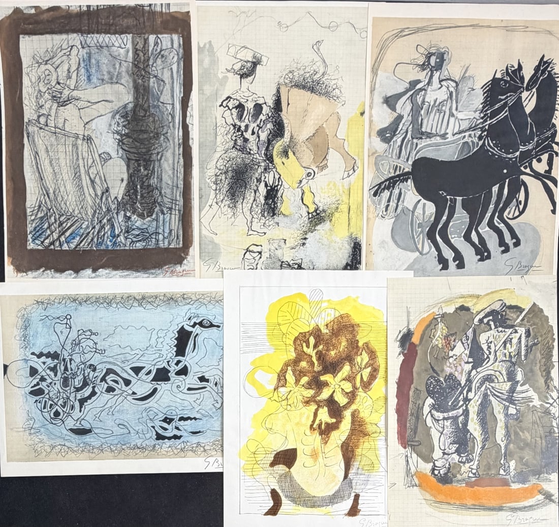 6pc Georges Braque (1882-1963) "Verve" Signed: 6 Pieces by Georges Braque (1882-1963) original color lithographs from Verve Edition dated 1955. Each hand signed. (1) titled "Seated Woman" or "Femme Nu Assise", (1) titled "Torero" from 1955 Verve,
