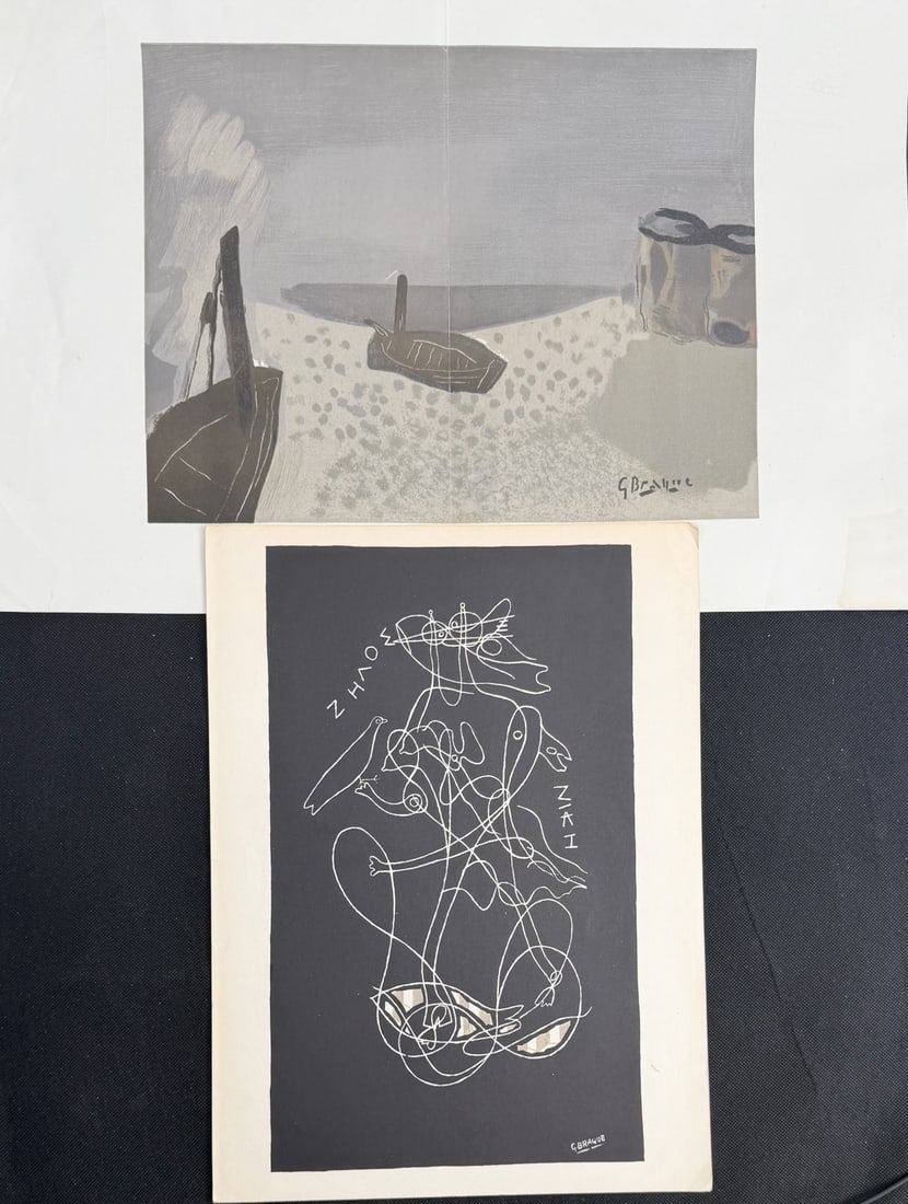 2pc Georges Braque Original Color Lithographs: 2 Pieces by Georges Braque (French 1882-1963), original color lithographs, (1) titled "Marine" or "Seashore with Boats" or "Le Barque Sui La Plate", signed in the stone, double page folded at center,