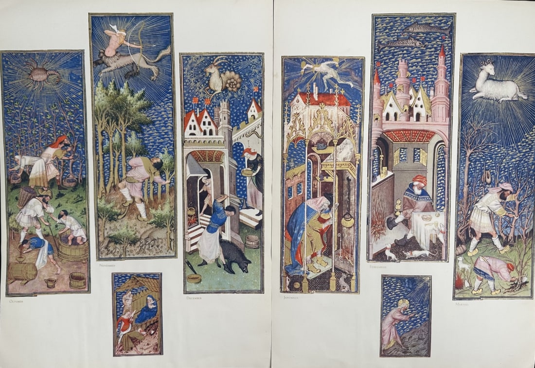 2pc Henri Matisse "Work of the Months": 2 Pieces by Henri Matisse from the Rohan Book of Hours, also known as the Grandes Heures de Rohan, created between 1418 and 1425. It depicts the "Work of the Months" calendar, with each panel represen