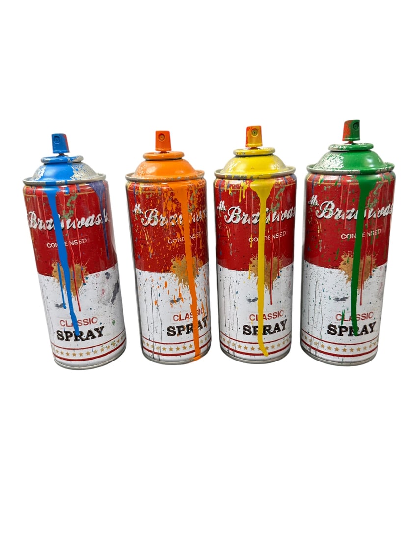 4pc Mr. Brainwash LE Spray Paint Cans 2013: 4 Pieces by Mr Brainwash limited edition spray paint cans offset lithographs in colors with hand embellishments on steel cans, titled "Mr. Brainwash Condensed Classic Spray". Each is signed Mr. Brainw