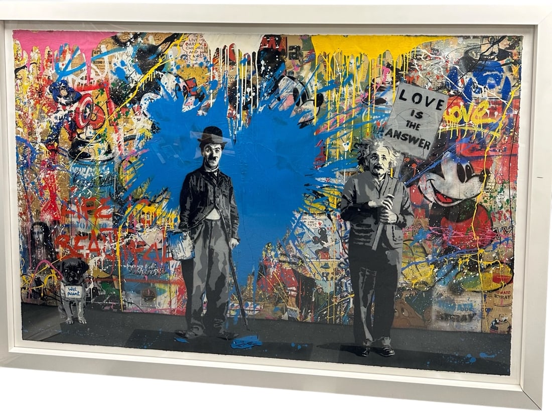 Very Large Mr. Brainwash "Juxtapose" COA 86.5x56.5: Very large ORIGINAL Mr. Brainwash mixed media, hand embellished, stencil, acrylic on paper. Titled "Juxtapose". Certificate of Authenticity. Features stencil of Einstein with Love Is The Answer and Ch