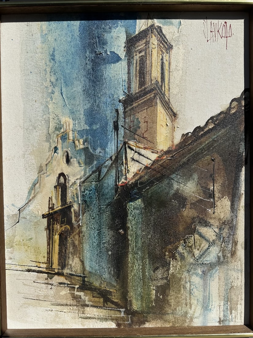 Jaro Slavko Original Mexican Mission Oil: Jaro Slavko original oil on canvas, of Mexican Mission. Signed upper right. Excellent condition. Art measures 15" x 19", frame measures 17" x 21".