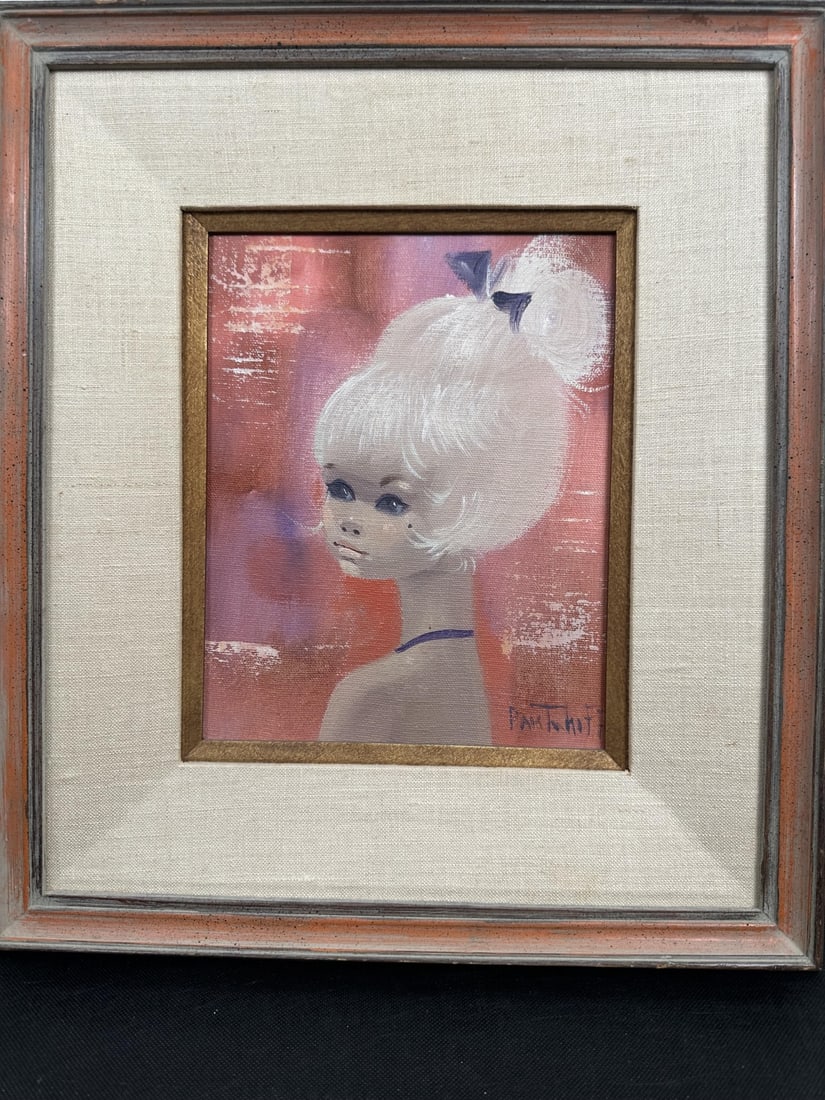 Igor Pantuhoff Original Big Eye Blonde Girl: Igor Pantuhoff original oil on canvas of big eye blonde girl. Signed Pantuhoff lower right. Excellent condition. Art measures 8" x 10", frame measures 16" x 18". Born in Poland in 1911. He studied in