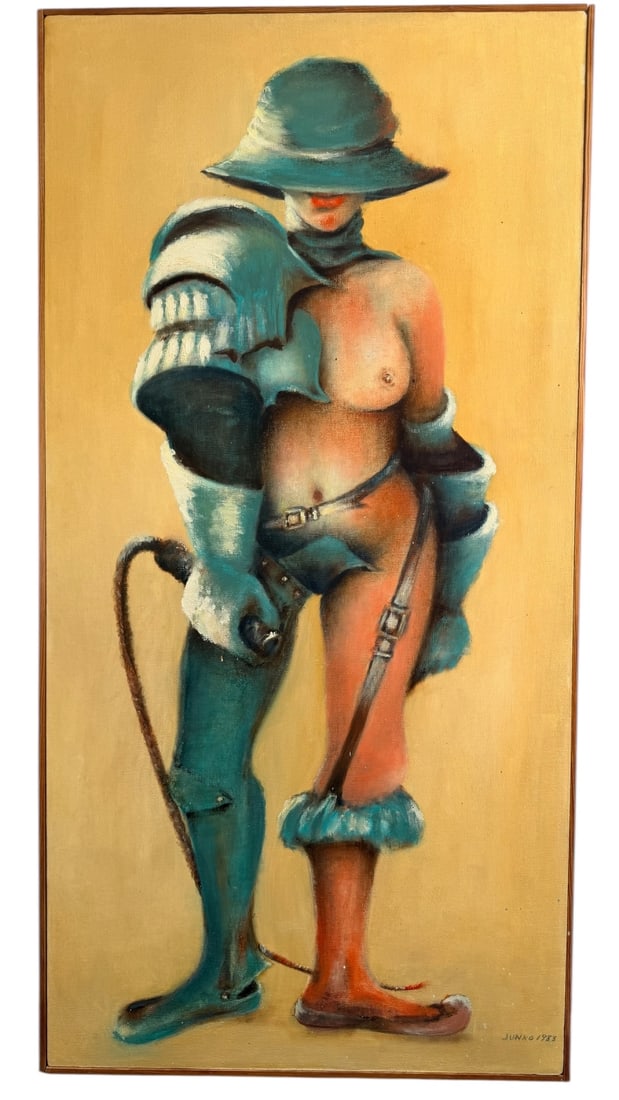 Junko Original Oil on Canvas "S&M Warrior": Junko aka Yang Soon Junko Linedecker (Pembroke Pines) original oil on canvas. Clifford L Linedecker married Yang Soon (Junko) Ri in 1957. Most of her work is lithographs and pencil sketches. This is a