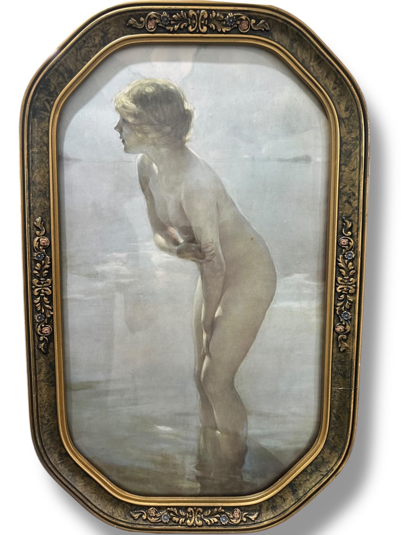Paul Emile Chabas (French) "September Morn" Print: Paul Emile Chabas "September Morn" or "Matinee de Septembre", print. The original painting was completed in 1911 depicting a nude young woman in lake which is believed to be Lake Annecy in France. The
