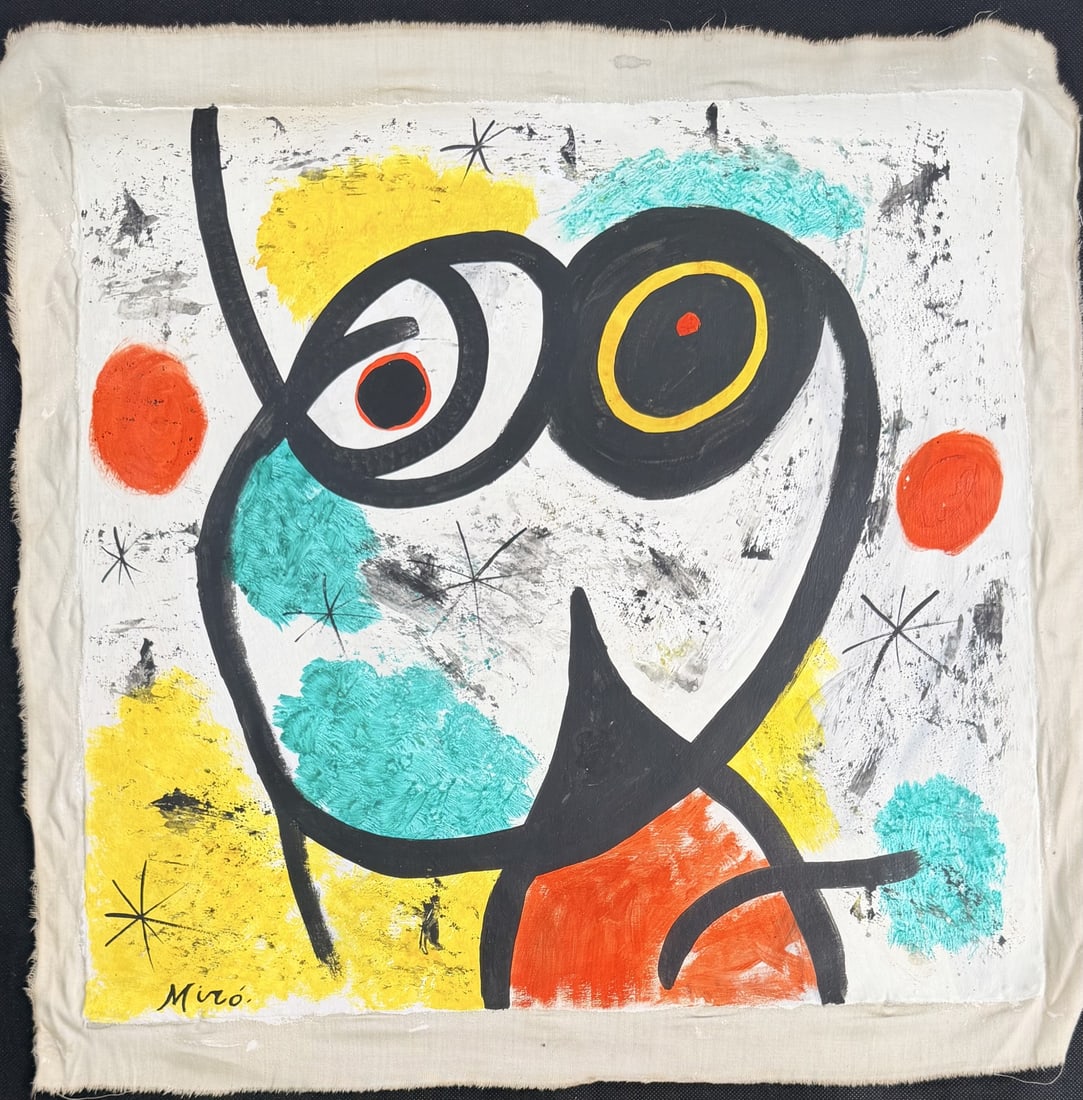 After Joan Miro "The Spinning Top Woman": After Joan Miro oil on canvas. Titled "La Femme Toupie" (The Spinning Top Woman). Signed lower left Miro. Art measures 18.5" x 18", canvas measures 21.5" x 21".