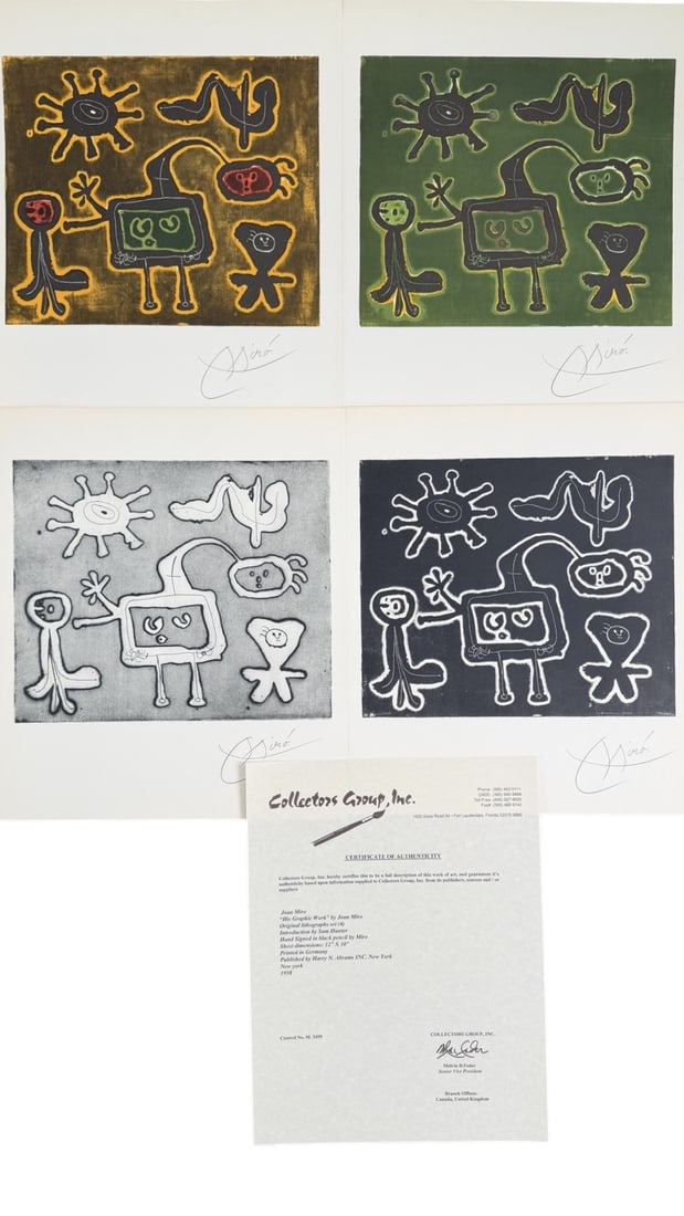 4pc Joan Miro "His Graphie Work" Original Lithos: 4 Pieces by Joan Miro original lithographs. Titled "His Graphie Work". 1958. Introduction by Sam Hunter. Signed in black pencil Miro. Certificate of Authenticity. Excellent condition. Each measure 12"