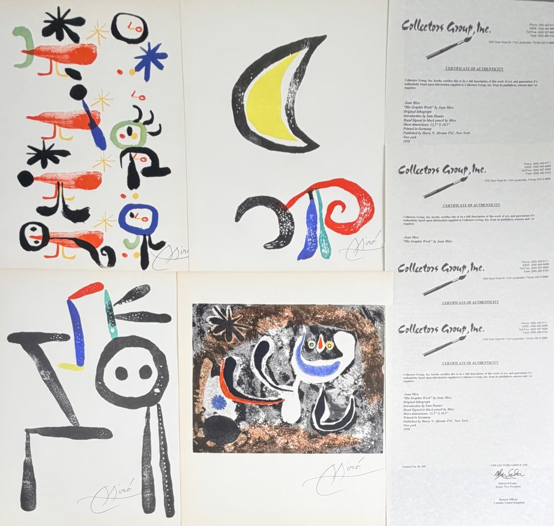 4pc Joan Miro Lithographs "His Graphie Work" COA: 4 Pieces by Joan Miro original lithographs. Titled "His Graphie Work". 1958. Introduction by Sam Hunter. Signed in black pencil Miro. Certificate of Authenticity. Excellent condition. Each measure 12.