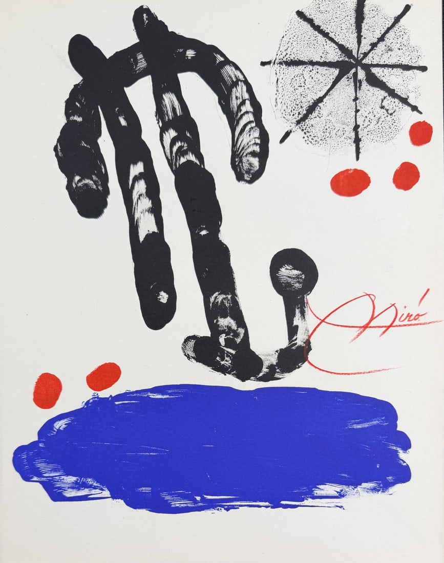 Joan Miro Exhibition Cover "Miro Recent Paintings": Joan Miro original lithograph, specifically the cover for the 1953 exhibition catalog titled "Miro Recent Paintings". Work titled "Composition". Signed in red crayon. Excellent condition. Measures