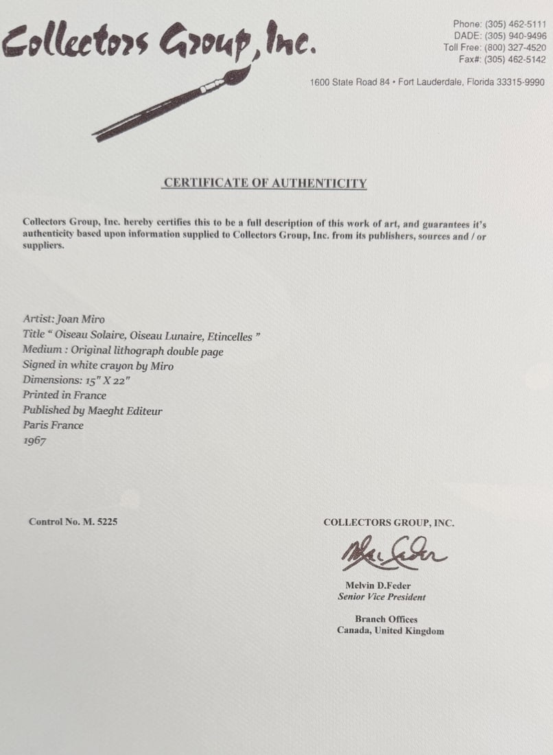 Joan Miro Original Color Lithograph COA - 6