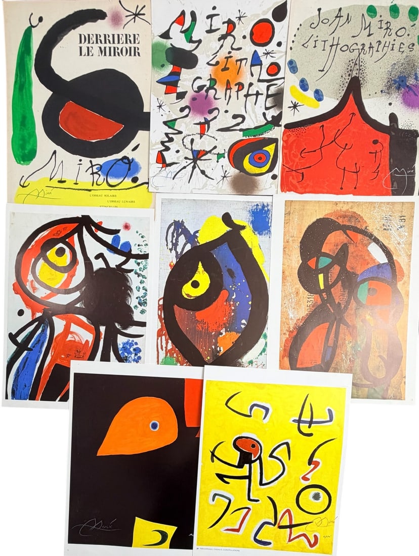 8pc Joan Miro Original Color Lithographs: 8 Pieces by Joan Miro, original color lithographs, (1) Cover from Derriere le Miroir "L'Oiseau Solaire, L'Oiseau Lunaire, Etincelles", signed in green crayon, two sided, measures 10 7/8" x 14.75",