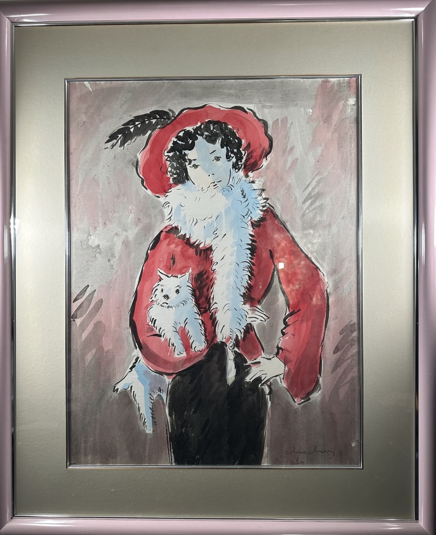 Andre Chochon (French) Watercolor Lady & Dog (1 of 7)