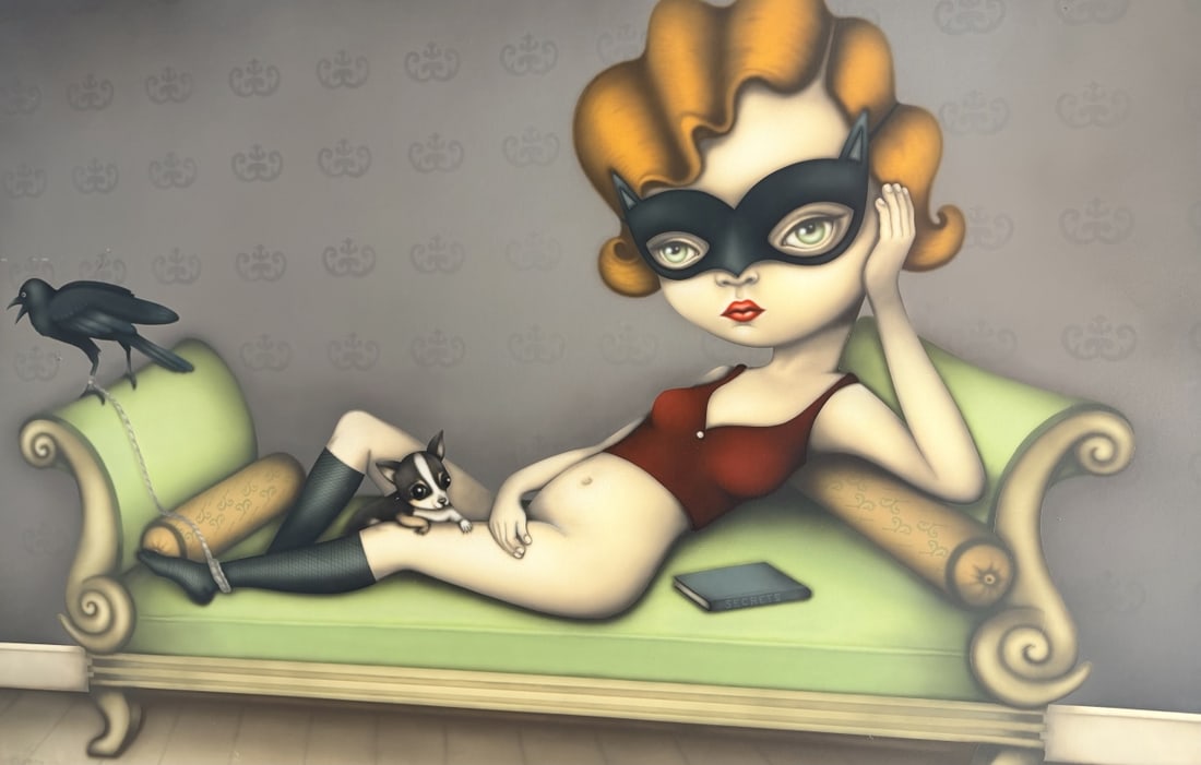 Sara Sanz "Reflection" Original on Canvas: Sara Sanz (Spanish) pop art, low brow, big eye art. Original on canvas. Titled "Reflection". Dated 2012. Signed lower right. Measures 32.5" x 49.25". Very good condition - minor mark on canvas lower