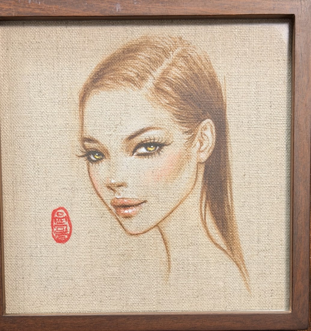 Mimi Yoon Original Acrylic on Linen Signed: Mimi Yoon original acrylic on linen. Untitled. Monogram on the left. Dated 2016. Excellent condition. Measures 6" x 6", frame measures 7" x 7". NOTE: Stage lights show in upper right corner on a