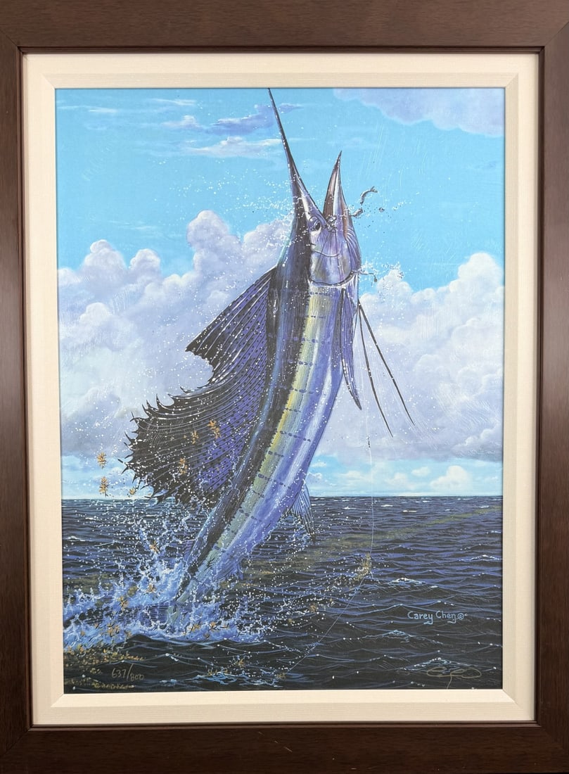 Carey Chen Hand Embellished Lithograph #637/800: Carey Chen original color lithograph, hand embellished, on masonite board. Titled "Leap of Freedom". Numbered 637/800. Signed Carey Chen lower left, signed in the stone lower left. Excellent