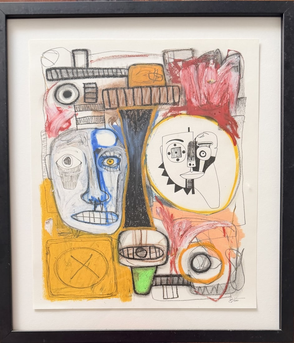 Manner of Basquiat Original on Paper: Manner of Basquiat, Signed B or P, maybe Boon or Boom, dated 2010. Heavy paint and graphite on paper. Nothing on verso. Excellent condition. Art measures 14" x 16.5", frame measures 18.25" x 20.75".