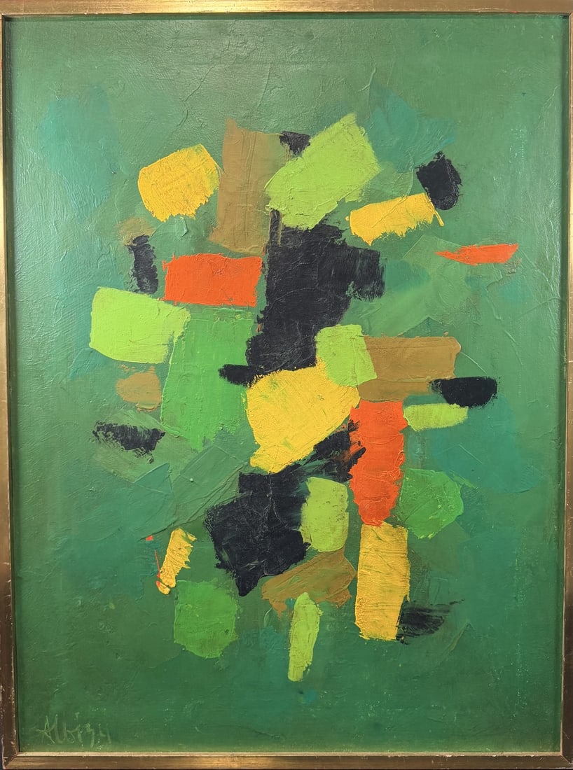 Olga Albizu (Puerto Rican 1924-2005) Untitled Orig: Olga Albizu (Puerto Rican 1924-2005) original oil on canvas. Untitled. Signed lower left. Dated 1971 and signed on verso. Label on Verso Donated by Richard, Archived of the textural and design firm