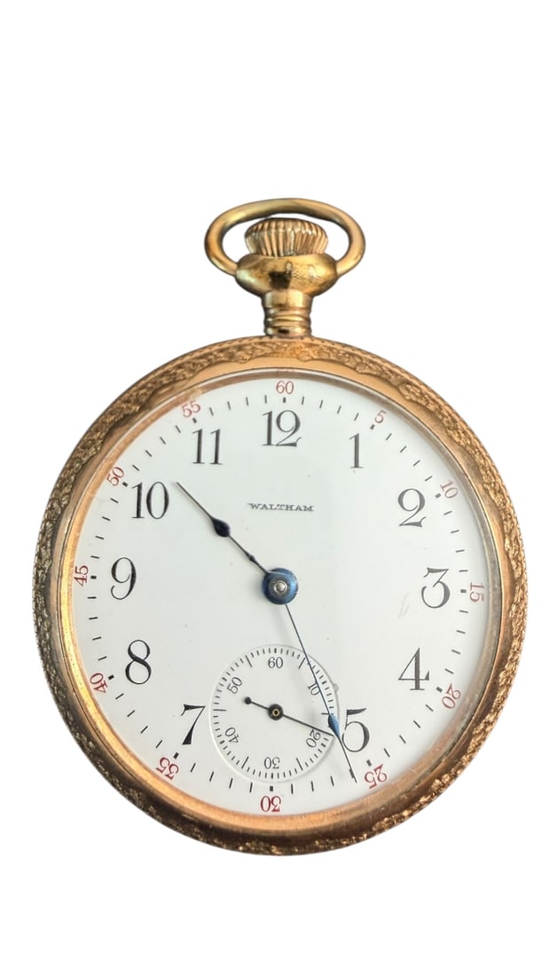 American Waltham Watch Co Pocket Watch: American Waltham Watch Company pocket watch. Watch face is white with black numbers, red numbers mark the seconds in 5 second intervals. Second hand at bottom. Waltham at top centeR. Hands are teal