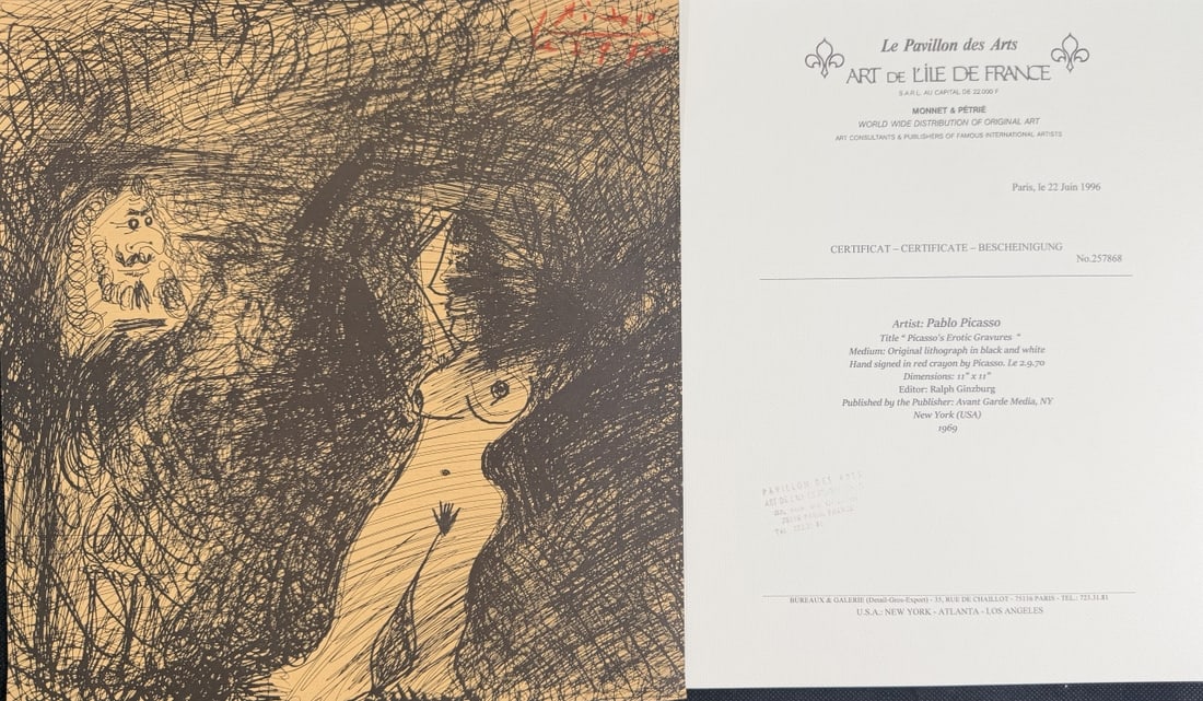 Pablo Picasso "Picasso's Erotic Gravures": Pablo Picasso original lithograph from "Picasso's Erotic Gravures", the Avant Garde magazine issue #8, September 1969. Signed in red crayon. Two sided. On verso nude woman and bicycle. Includes Avant 