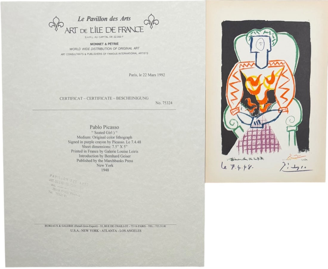 Pablo Picasso "Seated Girl" Lithograph: Pablo Picasso lithograph, "Seated Girl (Six Colors)" 1947. Color Lithograph-Style Print with Certificate. A bold, expressive portrait in the unmistakable visual language of Pablo Picasso, featuring a 