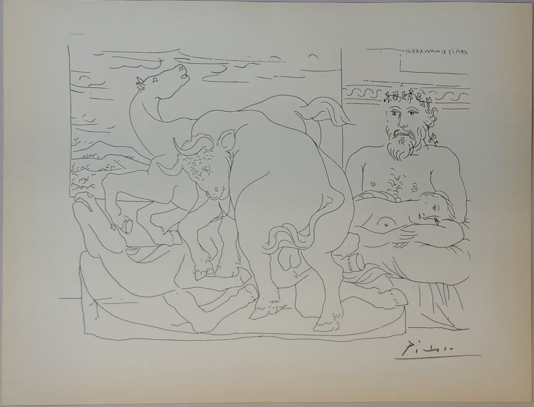 Pablo Picasso "Suite Vollard" Plate Hatje E: Edition1956 Pablo Picasso "Suite Vollard" Plate Hatje Edition 1956. Vintage plate from Suite Vollard by Pablo Picasso, published by Verlag Gerd Hatje, Stuttgart (1956). This elegant composition
