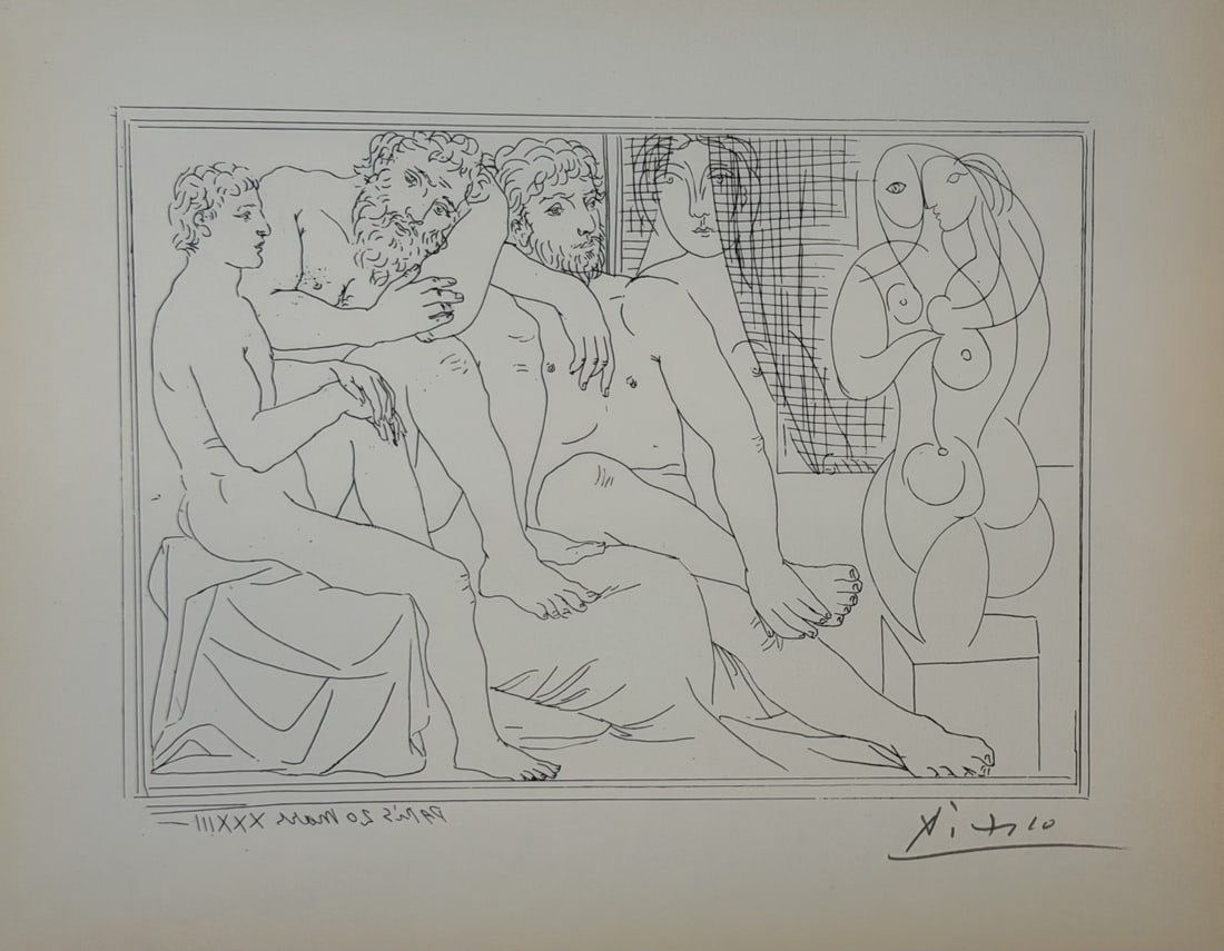 Pablo Picasso "Suite Vollard" Plate Hatje Edition: Pablo Picasso "Suite Vollard" Plate Hatje Edition 1956. Vintage plate from Suite Vollard by Pablo Picasso, published by Verlag Gerd Hatje, Stuttgart (1956). This elegant composition features Picasso&#