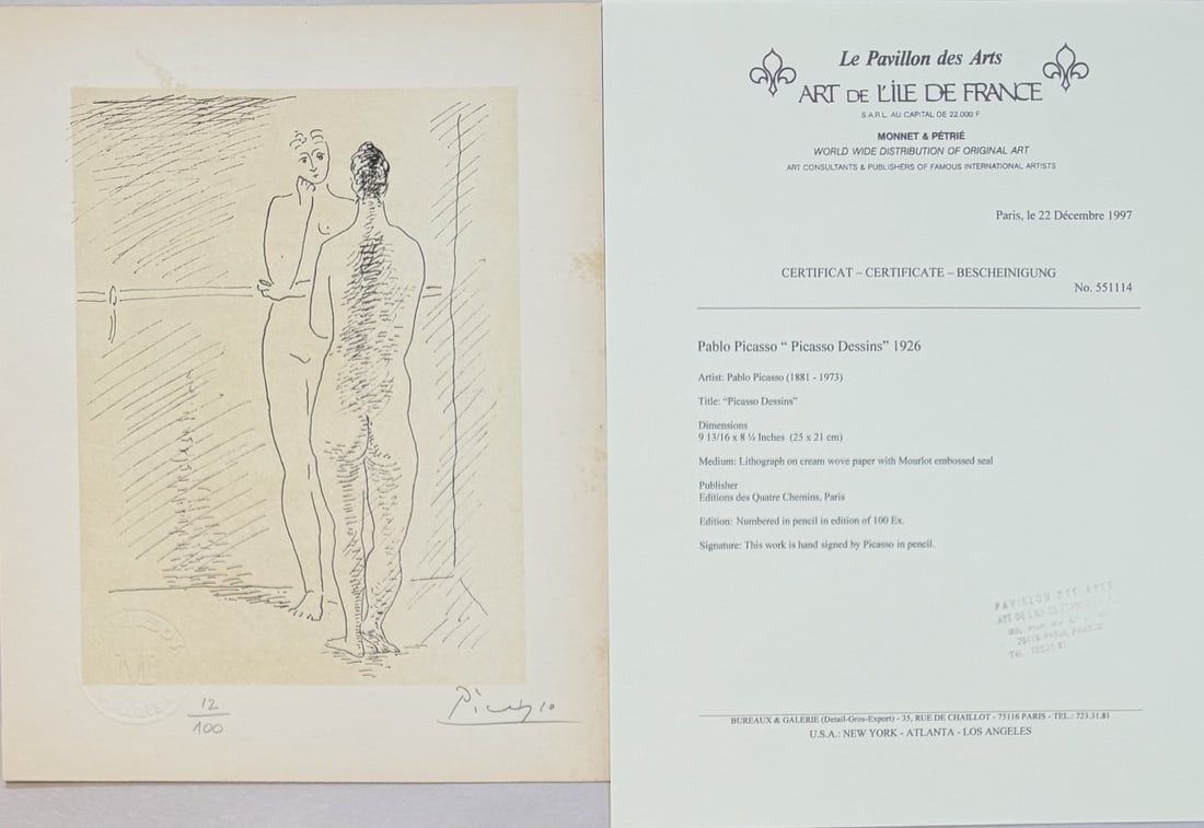 Pablo Picasso "Picasso Dessins" 1926 LE Litho: Pablo Picasso "Picasso Dessins" 1926 LE Lithograph, embossed seal, signed. Highly collectible limited edition lithograph by Pablo Picasso, from the series "Picasso Dessins" (1926). This expressive and