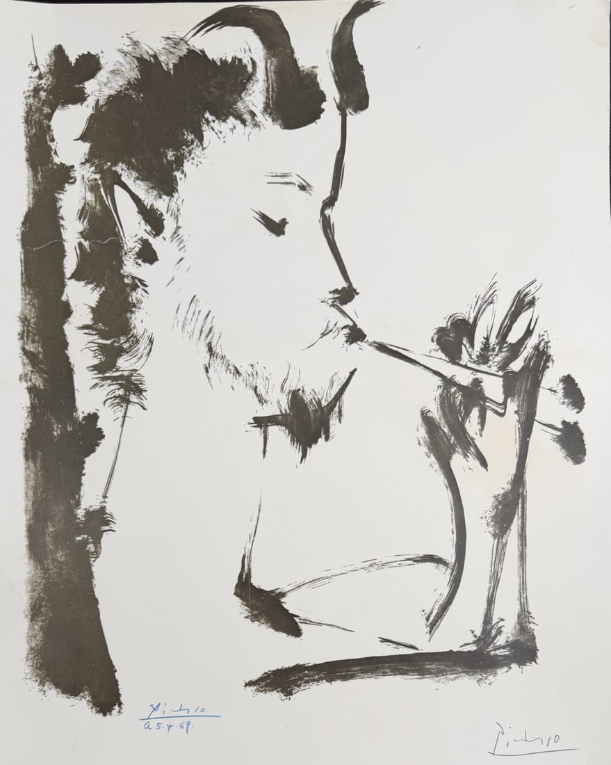Pablo Picasso Figurative Ink Style Lithograph: Pablo Picasso – Figurative Ink Style Lithograph (1969) – Plate Signed and signed and dated in blue crayon. Bold, expressive Picasso-style figure rendered in loose, gestural brushwork. Stri