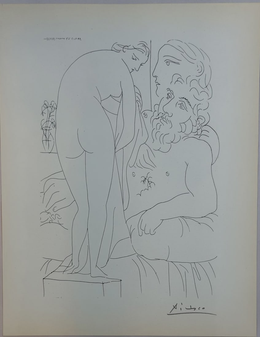 Pablo Picasso "Suite Vollard" Plate Hatje Edition: Pablo Picasso "Suite Vollard" Plate Hatje Edition 1956. Vintage plate from Suite Vollard by Pablo Picasso, published by Verlag Gerd Hatje, Stuttgart (1956). This elegant composition features Picasso&#