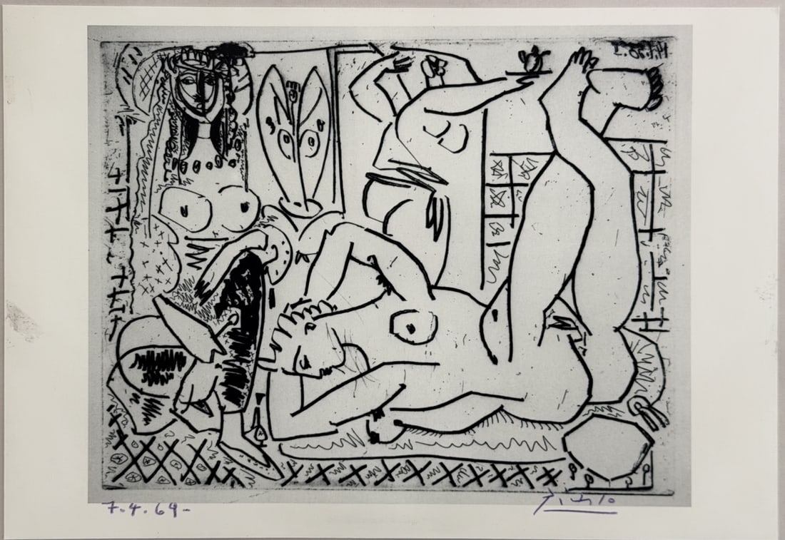 Pablo Picasso "Femmes d'Alger" Litho Signed: Dynamic lithograph after Pablo Picasso titled "Femmes d’Alger", inspired by the artist’s celebrated series reinterpreting Eugene Delacroix's Orientalist masterpiece. A complex interior