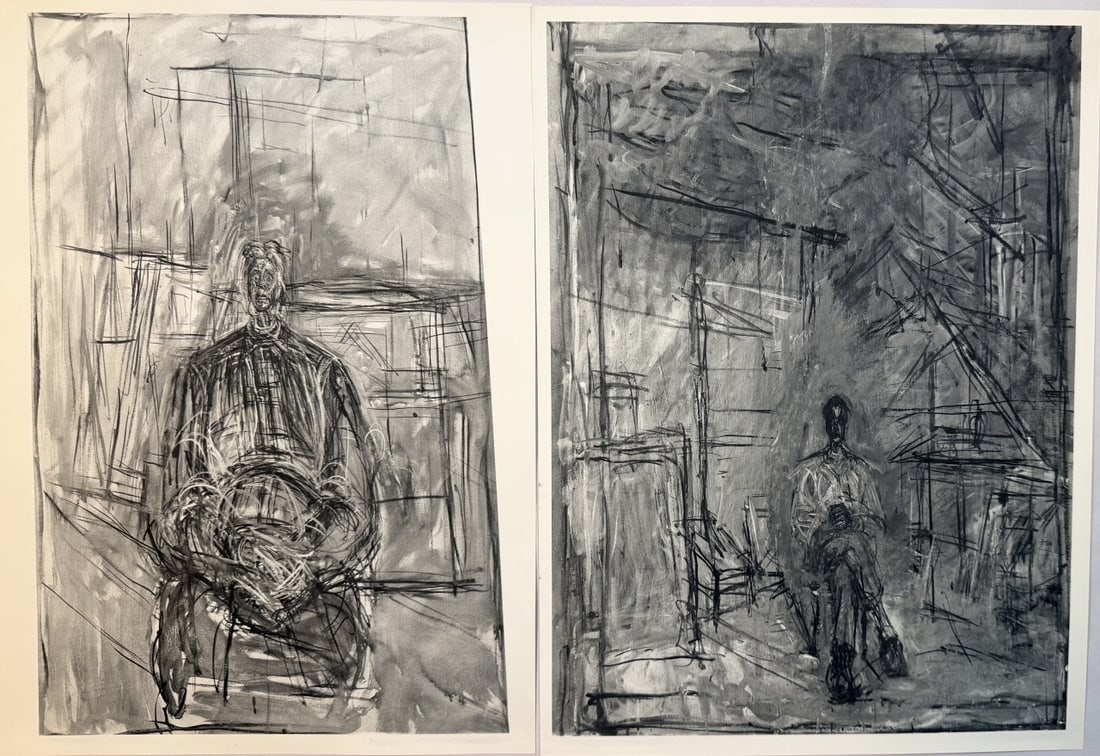 2pc Alberto Giacometti Original Lithographs: 2 Pieces by Alberto Giacometti Modern Expressionist Figures – Pair of Original Lithographs, two sided. From Dessin and Nu Couche portfolios. A striking pair of expressionist lithographs by Alber