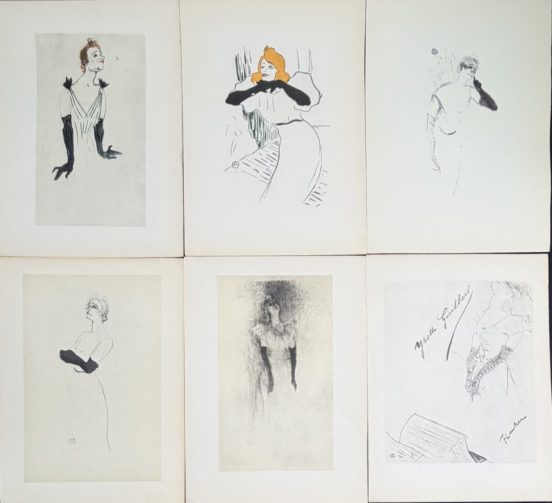 6pc Yvette Guilbert by Henri Toulouse-Lautrec: 6 Pieces by Henri Toulouse-Lautrec of Yvette Guilbert, original lithographs, (1) Yvette Guilbert, untitled, (1) titled "Linger Longer Loo" color lithograph with artist monogram stamp, (1) titled "Colu