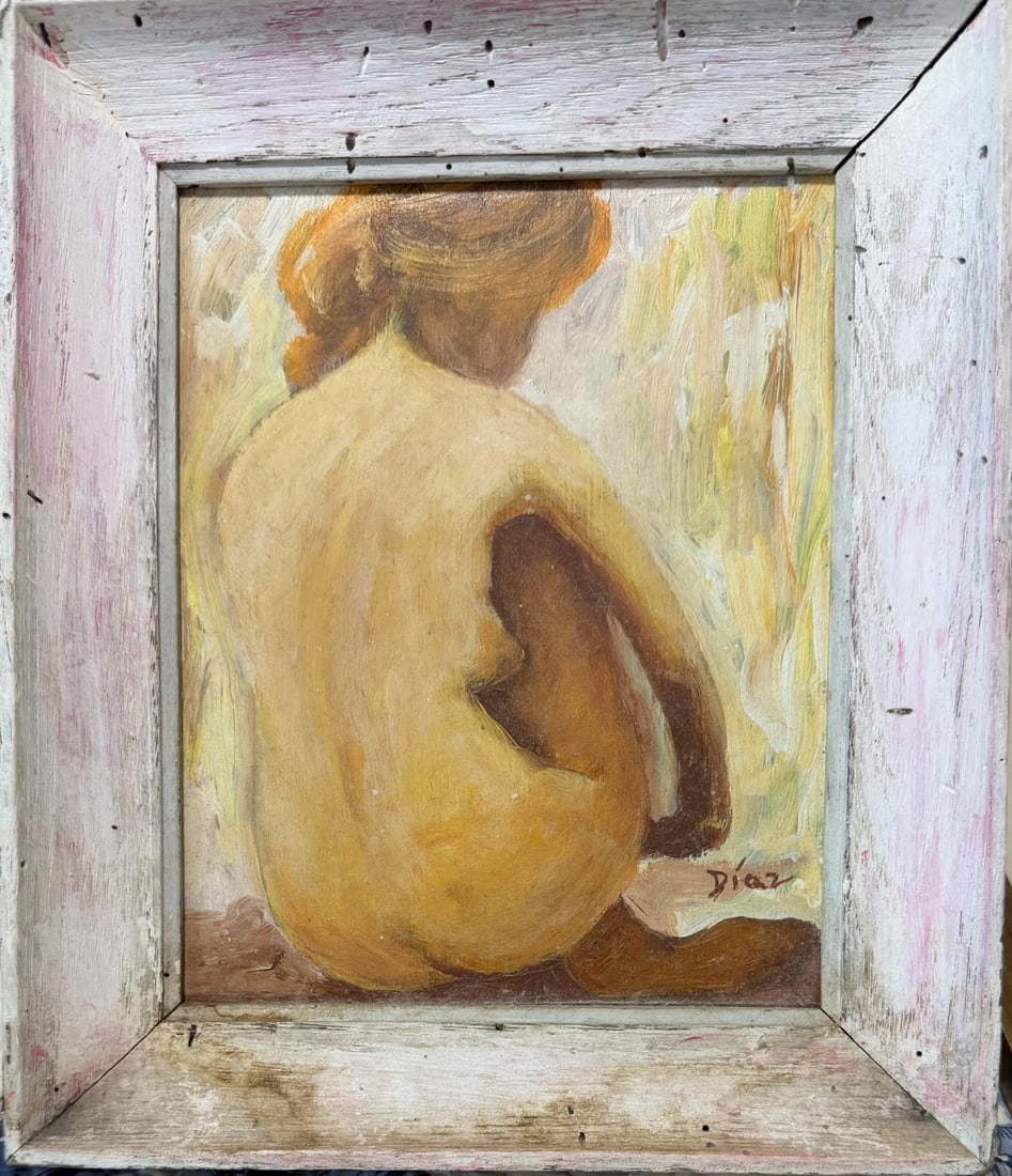Diaz Nude Seated Female Oil on Canvas Board: Diaz nude seated female, oil on canvas board original, modern impressionist. Signed Diaz. Excellent condition, great colors. Art measures 7.5" x 9.5", frame measures 11" x 13".