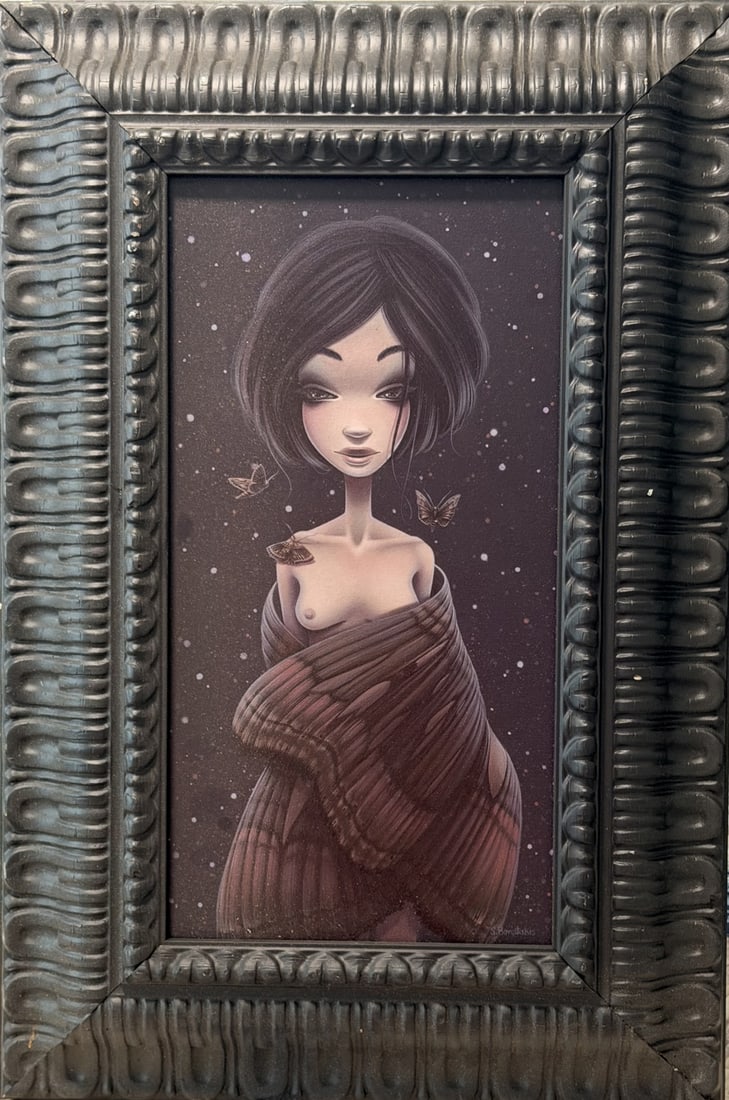 Shannon Bonatakis Original "Nocturne": Shannon Bonatakis (Brooklyn) original acrylic on canvas. Titled "Nocturne". Known for her big-eyed, stylized female figures with long necks and delicate features. Soft, moody ad slightly surreal with 